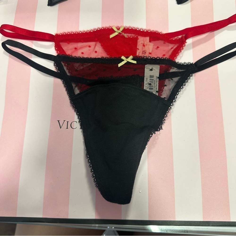 Victoria's Secret Red and Black Lace Thong Duo